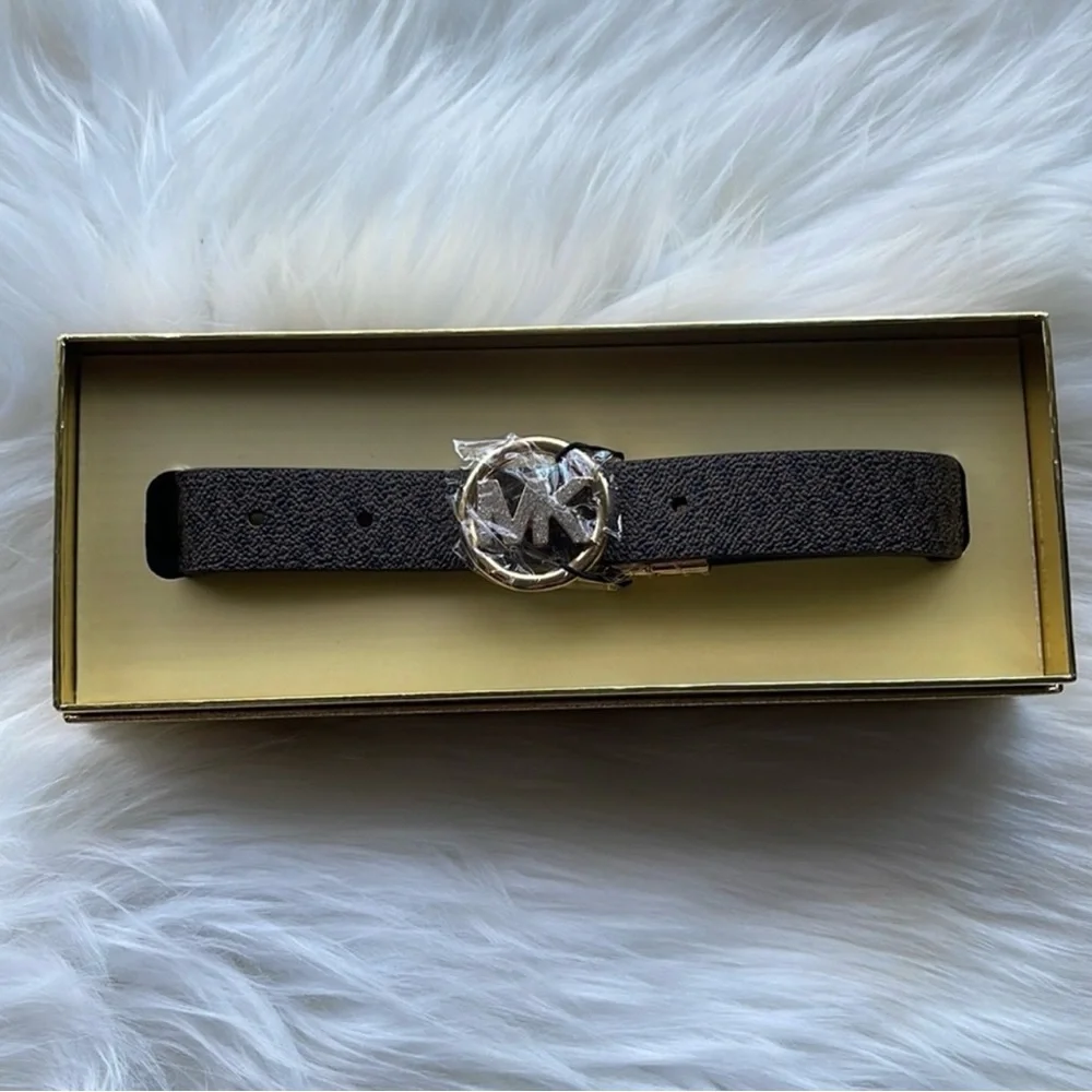 Michael Kors Women's Brown Reversible Pave Logo Belt in Box. NWT